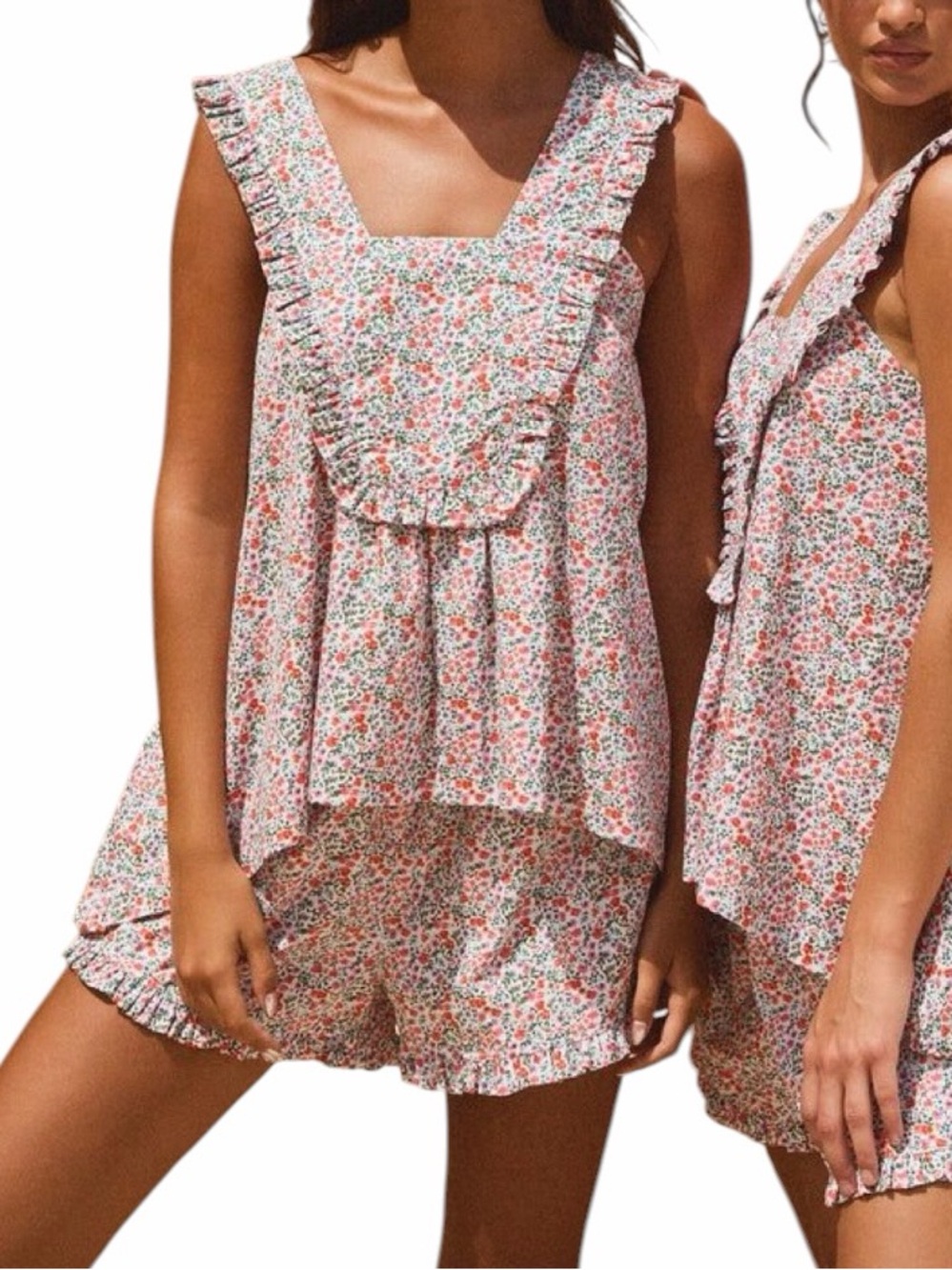 Frilled Square-Neck Floral Pajama Set - Pink